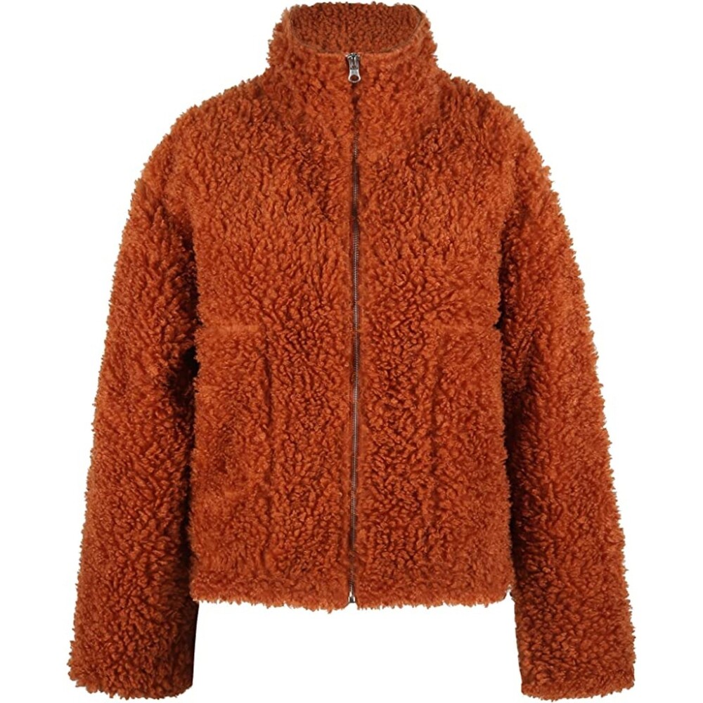 Faux Fur Long Sleeve Zip Up Snug Shearling Teddy  Jacket with Pockets Sz S